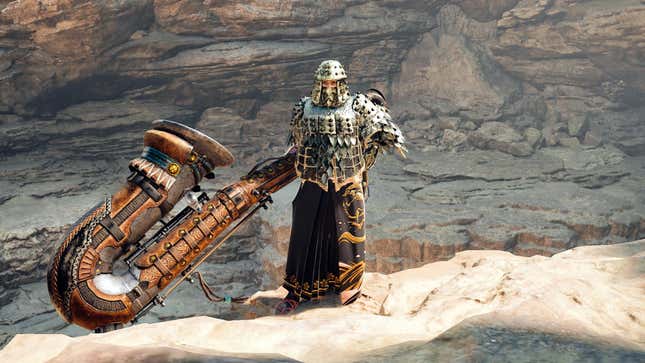 At the edge of a cliff, a hunter with a Rocksteady Mantle poses with a Hunting Horn.
