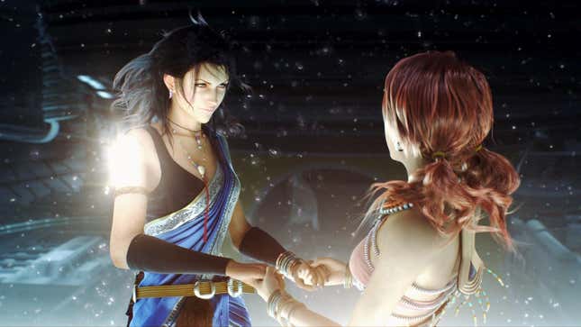 Fang and Vanille hold hands with glowing light around them