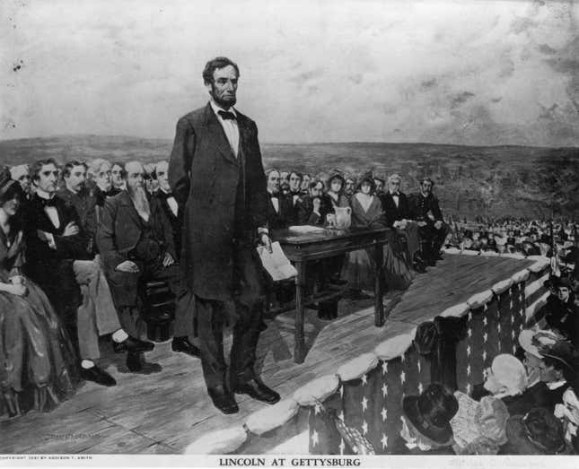 19th November 1863: Abraham Lincoln, the 16th President of the United States of America, making his famous ‘Gettysburg Address’ speech at the dedication of the Gettysburg National Cemetery during the American Civil War. Original Artwork: Painting by Fletcher C Ransom