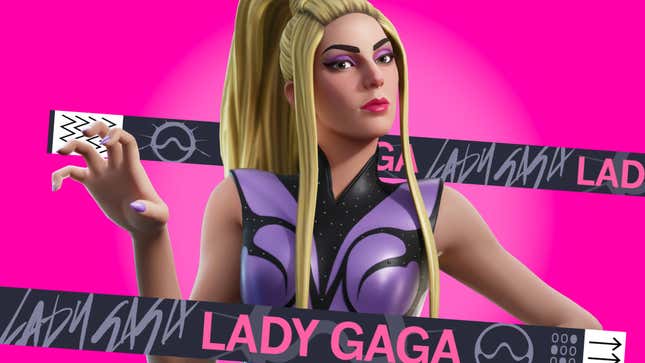 Lady Gaga's Fortnite character model puts her paw up. 