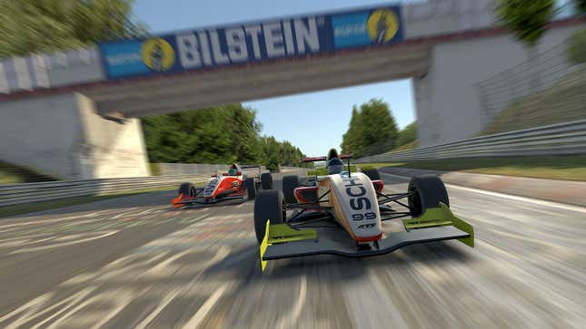 An image of two race cars fighting in a virtual event. 