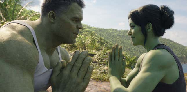 (L-R): Mark Ruffalo as Smart Hulk / Bruce Banner and Tatiana Maslany as Jennifer “Jen” Walters/She-Hulk in Marvel Studios’ She-Hulk: Attorney at Law.