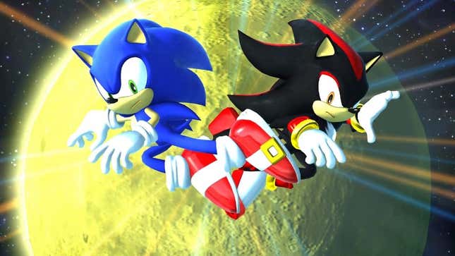 Sonic and Shadow jump in front of the moon.