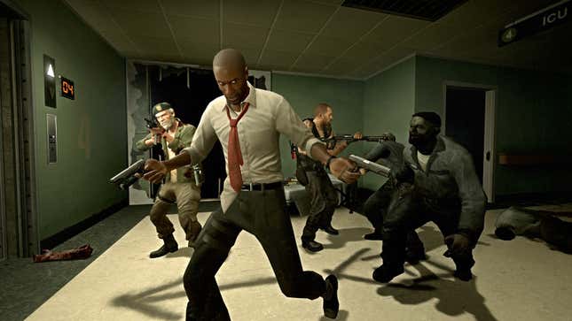 Characters from Left 4 Dead run from zombies.
