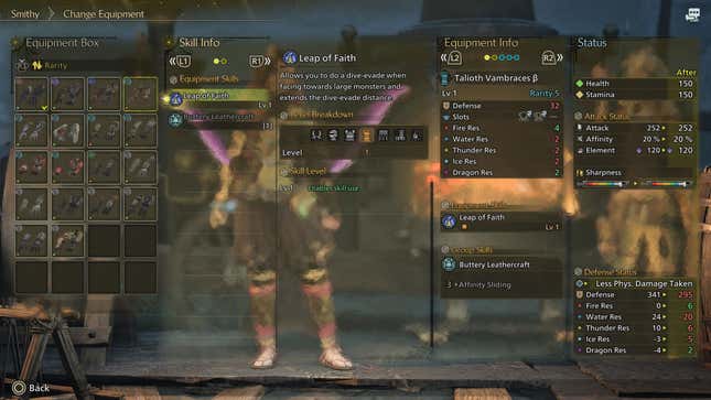 The Change Equipment screen, highlighting the Leap of Faith skill on the Talioth Vambraces armor.