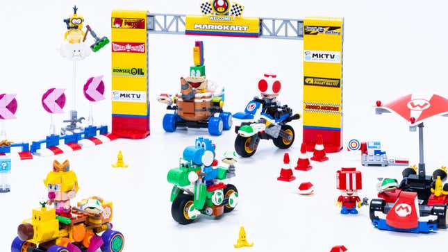 Mario racers appear as Lego creations. 