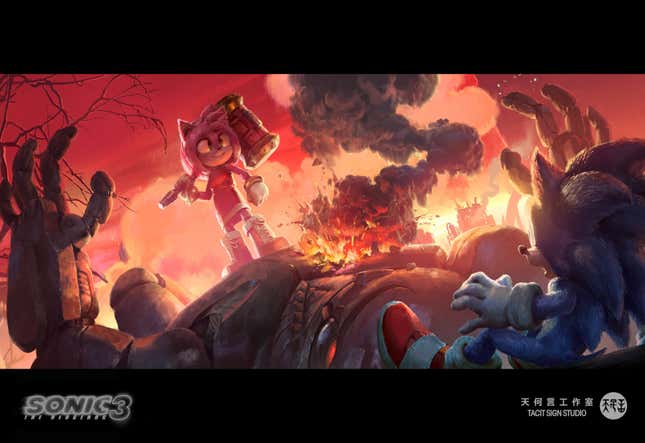 Amy is shown standing on top of a destroyed robot as Sonic is laying down in front of it.