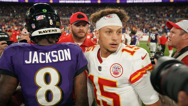 Image for article titled Haters won't be happy with Pat Mahomes-LamarJackson AFC Championship game; Andy Reid is greater than Belichick?; Don't punch Ravens' Super Bowl ticket yet