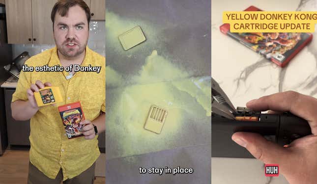 Images show someone spray painting Donkey Kong Bananza.