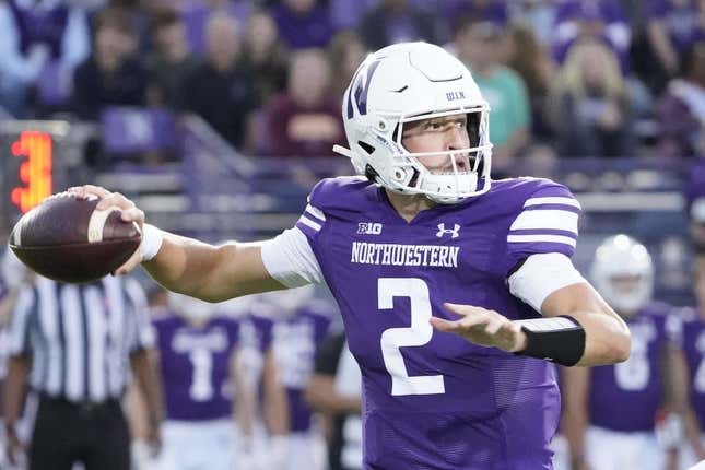 Sep 23, 2023; Evanston, Illinois, USA; Northwestern Wildcats quarterback Ben Bryant (2) looks to pass against the Minnesota Golden Gophers during the first quarter at Ryan Field.