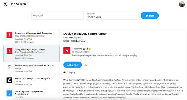 Image for article titled Elon Musk&#39;s &quot;cool&quot; new job search feature doesn&#39;t offer much