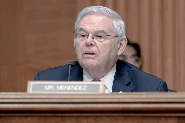 Sen. Bob Menendez, D-N.J., asks a question before the Senate Committee on Banking, Housing, and Urban Affairs, on Capitol Hill Thursday, March 7, 2024, in Washington. (AP Photo/Mariam Zuhaib)