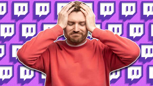 An image shows a frustrated man in front of a Twitch background. 