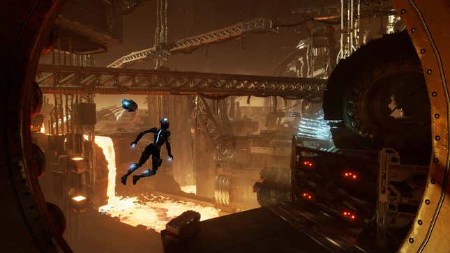 A character floats through a sci-fi foundry.