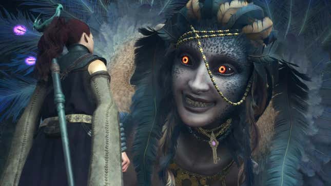 A larger woman stares creepily, with a Joker-esque grin on her face, at a smaller woman in Dragon's Dogma 2.