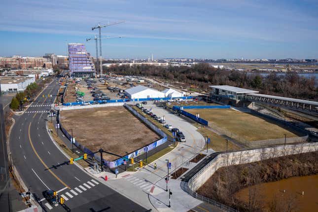 FILE - A general view showing the site for a proposed new stadium for the Washington Wizards NBA basketball team and Washington Capitals HNL hockey team, Dec. 13, 2023, in Alexandria, Va. Virginia lawmakers are set to take up legislation to enable Republican Gov. Glenn Youngkin&#39;s plan to build a new professional sports arena and entertainment district in Alexandria. The legislation is expected to be among the most high-profile issues legislators grapple with during the 2024 session, which begins Wednesday. (AP Photo/Alex Brandon, file)