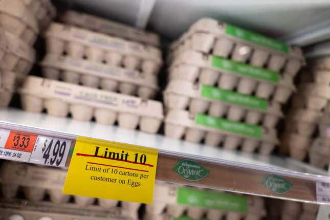 Eggs are displayed for sale in a Manhattan grocery store on February 25, 2025 in New York City. 