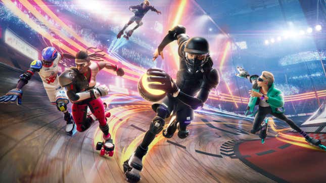 A group of people roller skate around a ring while chasing after a man in black armor carrying a glowing ball. 