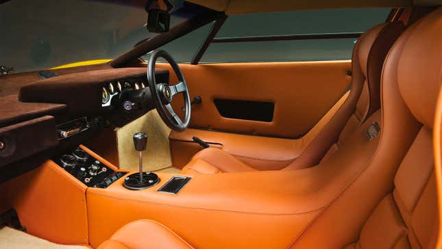 A photo of the interior of a Lamborghini Countach supercar. 