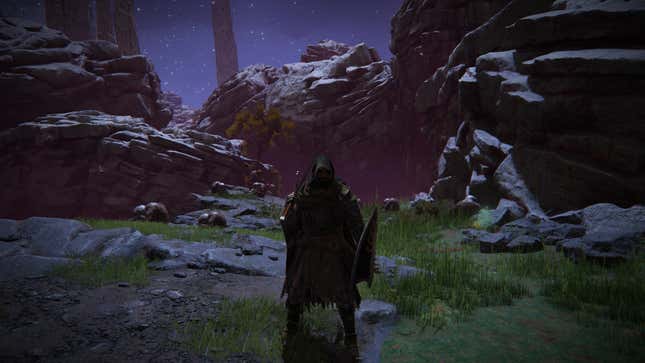 A shrouded Elden Ring protagonist stands in a grassy, rocky environment with several Albinaurics behind them.