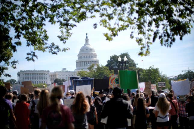 Demonstrators march to the US Capitol as part of the Youth Climate Strike in Washington DC on Sept. 20, 2019.