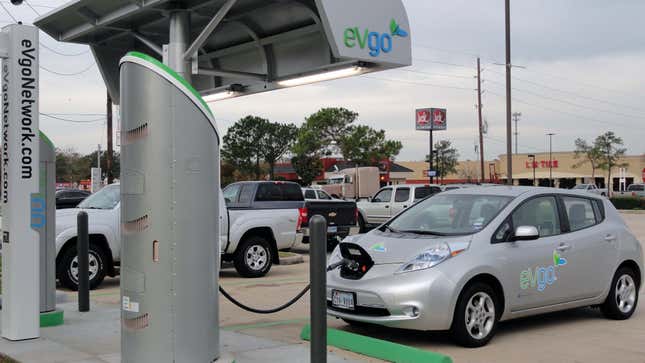 Nissan LEAF charging at the Freedom Station in Houston, TX. This is an eVgo Network station with both Level 2 and DC fast chargers.