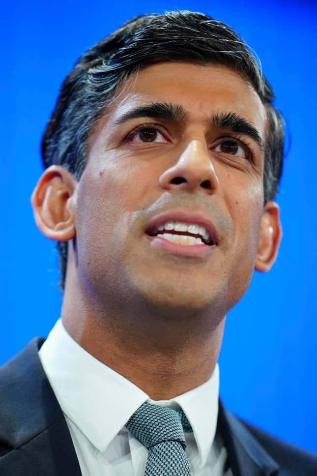 Britain&#39;s Prime Minister Rishi Sunak speaks during the Conservative Party annual conference at Manchester Central convention complex in Manchester, England, Wednesday, Oct. 4, 2023. (AP Photo/Jon Super)