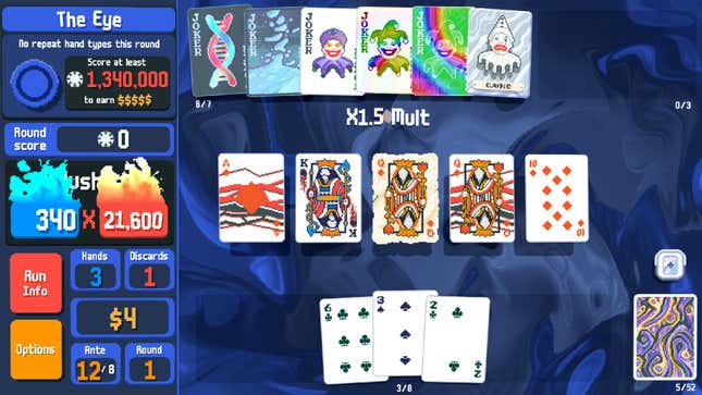 A screenshot of Balatro shows playing cards floating in a blue void. 