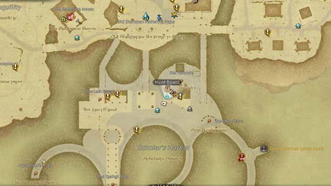 A screenshot of a map in Final Fantasy 14 shows the location of a Hunt Board.