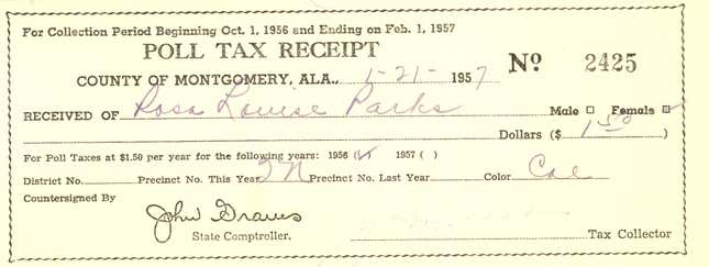 A receipt for Parks’s annual poll tax, which she was required to pay to vote. 1957.
