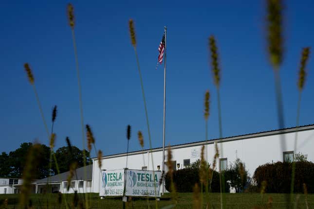 An American flag is seen on a still day outside the Tesla BioHealing &amp; MedBed Center, in Milford, Del., Monday, Oct. 2, 2023. (AP Photo/Carolyn Kaster)