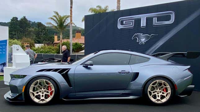 A side view of the Mustang GTD at The Quail showing off its insane aero