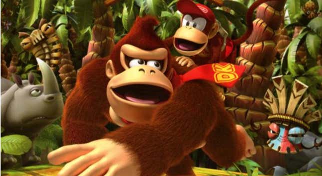 Donkey Kong and Diddy Kong run through the jungle. 