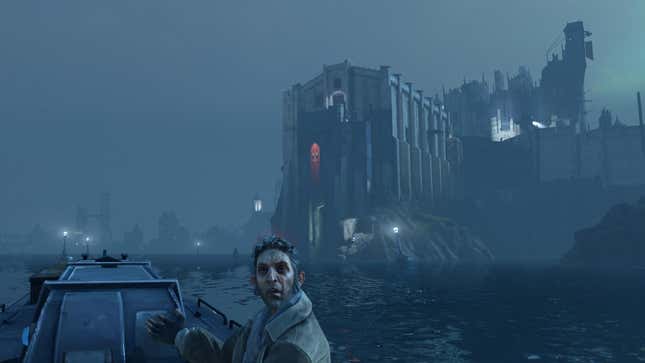 The grim vision of Dunwall in Dishonored, seen from a boat.