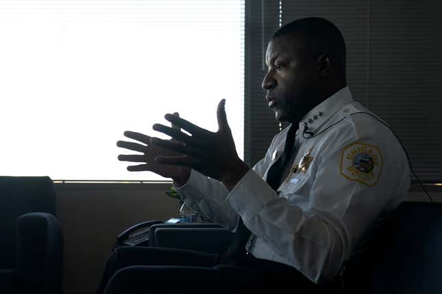 Chicago Police Superintendent Larry Snelling responds to a question during an interview with The Associated Press Tuesday, Oct. 17, 2023, in Chicago. Snelling says the city’s use of police stations as temporary housing for the growing population of migrants seeking asylum has been a &quot;burden&quot; on the nation’s second-largest police department. One of his main concerns with the housing plan is officer well-being. (AP Photo/Charles Rex Arbogast)