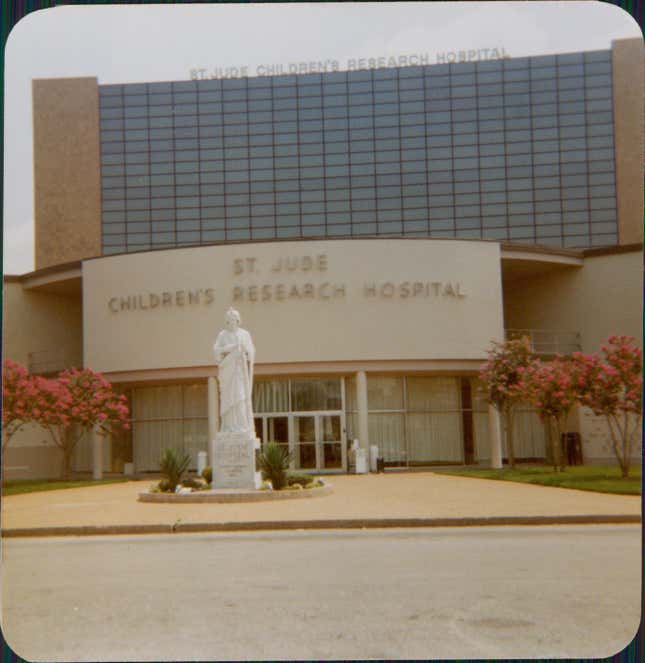 Exterior view of the original entrance facade to St Jude Children’s Research Hospital.