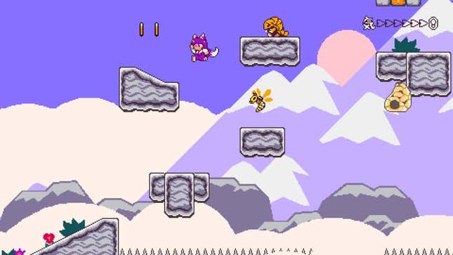 A fox girl platforms around a snowy mountain with floating platforms