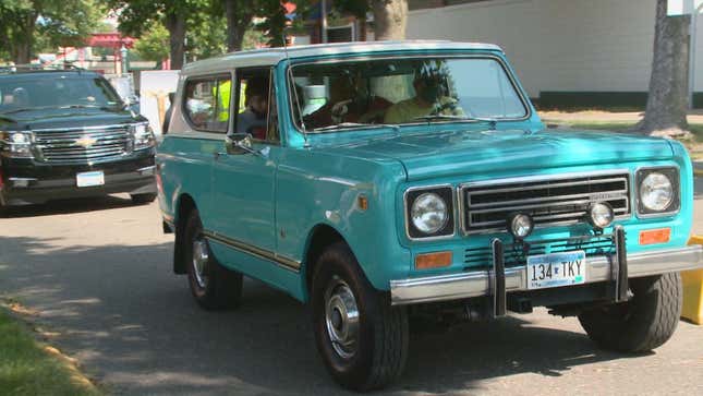 A photo of Walz driving his 1979 International Harvester Scout