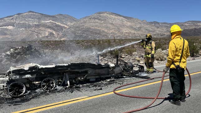 The trailer is unrecognizable after its fire.