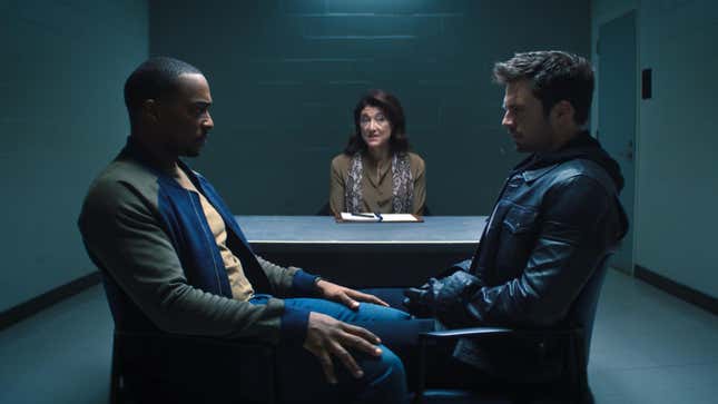 Anthony Mackie, Amy Aquino, and Sebastian Stan in The Falcon And The Winter Soldier