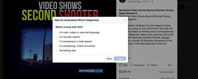 Image for article titled There’s no way to report many of the fastest-spreading Las Vegas conspiracy theories on Facebook