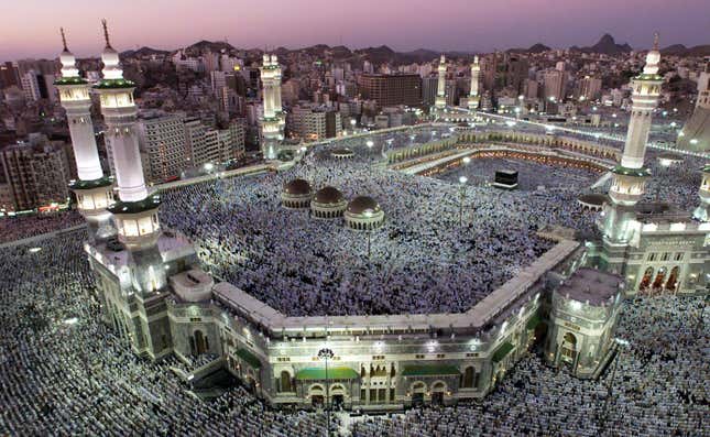 A view of Haram, where the Kaaba is located, in the holy city of Mecca, during sunset February 18, 2002 as about two million Muslim pilgrims gather for their Haj pilgrimage. The Haj is one of a Muslim's duties, as described in the five pillars of Islam, to go on a Haj at least once during his or her lifetime, if affordable. REUTERS/Bazuki Muhammad BM/WS - RTRAMUO