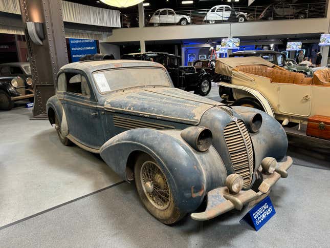 Front 3/4 view of a blue barn find 1947 Delahaye Type 135 MS Coupe
