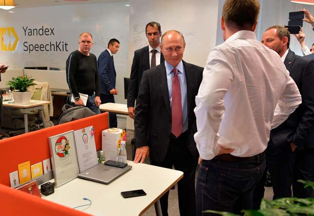 FILE - Russian President Vladimir Putin, center, visits Russia&#39;s largest internet search engine Yandex headquarters in Moscow, Russia, on Sept. 21, 2017. The Dutch parent of pioneering Russian tech company Yandex is selling its operations in the country at a steeply discounted price of $5.2 billion to its Russia-based managers and oil company Lukoil. It&#39;s one of the priciest deals for a Western company to exit Russia since the invasion of Ukraine. (Alexei Druzhinin, Sputnik, Kremlin Pool Photo via AP)