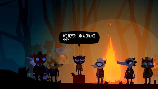 Mae from Night in the Woods declaring "We never had a chance here" among an onlooking crowd at a bonfire party in the woods.