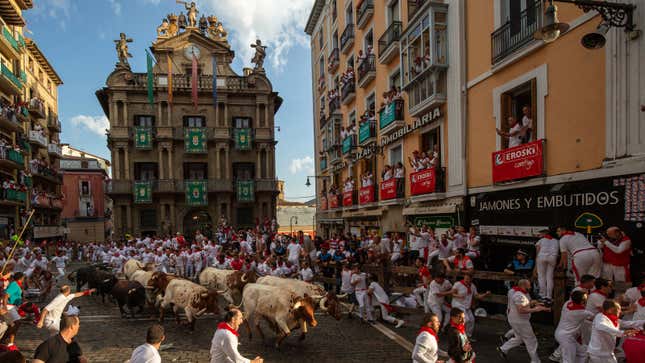 A photo of a herd of bulls running through the city of Pamplona in Spain. 