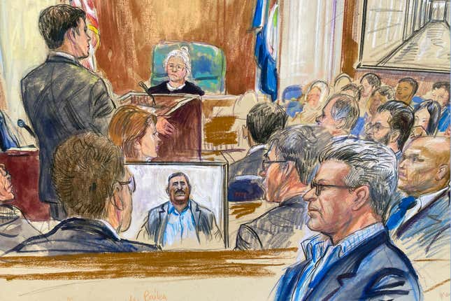 This artist sketch depicts Salah Al-Ejaili, foreground right with glasses, a former Al-Jazeera journalist, before the U.S. District Court in Alexandria, Va., Tuesday, April 16, 2024. Al-Ejaili, a former detainee at the infamous Abu Ghraib prison, has described to jurors the type of abuse that is reminiscent of the scandal that erupted there 20 years ago: beatings, being stripped naked and threatened with dogs, stress positions meant to induce exhaustion and pain. (Dana Verkouteren via AP)