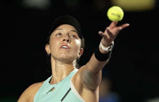 Oct 31, 2023; Cancun, Mexico; Jessica Pegula (USA) tosses the ball to serve during her match against Aryna Sabalenka on day three of the GNP Saguaros WTA Finals Cancun.