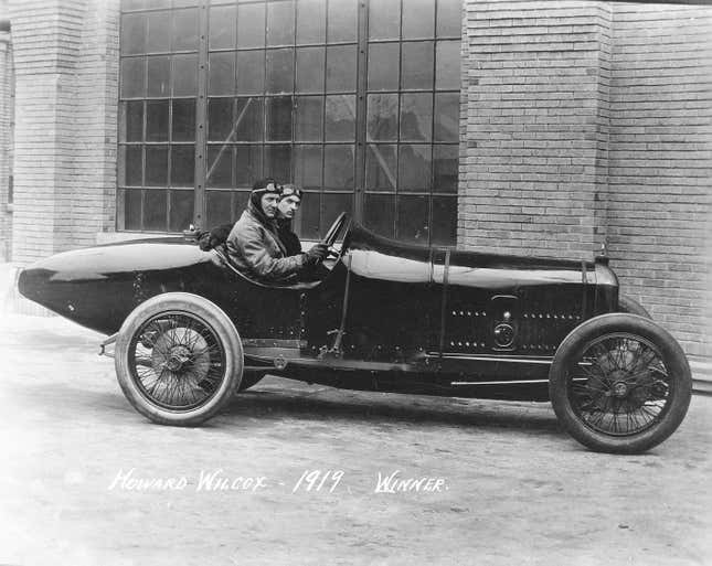 1919: Indiana native Howard “Howdy” Wilcox and his riding mechanic Leo Banks with the Peugeot that Wilcox drove to victory in the Indianapolis 500 AAA Indy Car race at the Indianapolis (IN) Motor Speedway. Wilcox led 98 of the 200-lap distance