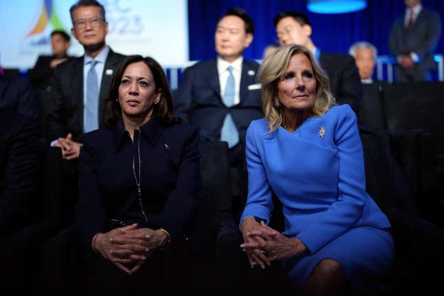 Vice President Kamala Harris and first lady Jill Biden listen as President Joe Biden speaks at welcome reception for Asia-Pacific Economic Cooperative leaders at the Exploratorium, in San Francisco, Wednesday, Nov, 15, 2023. (Doug Mills/The New York Times via AP, Pool)